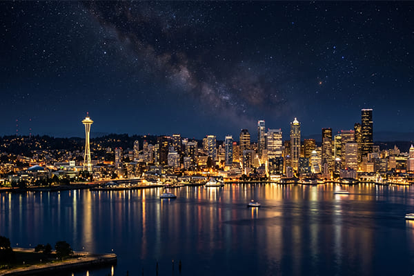 A beautifully lit city skyline at night with minimal light pollution